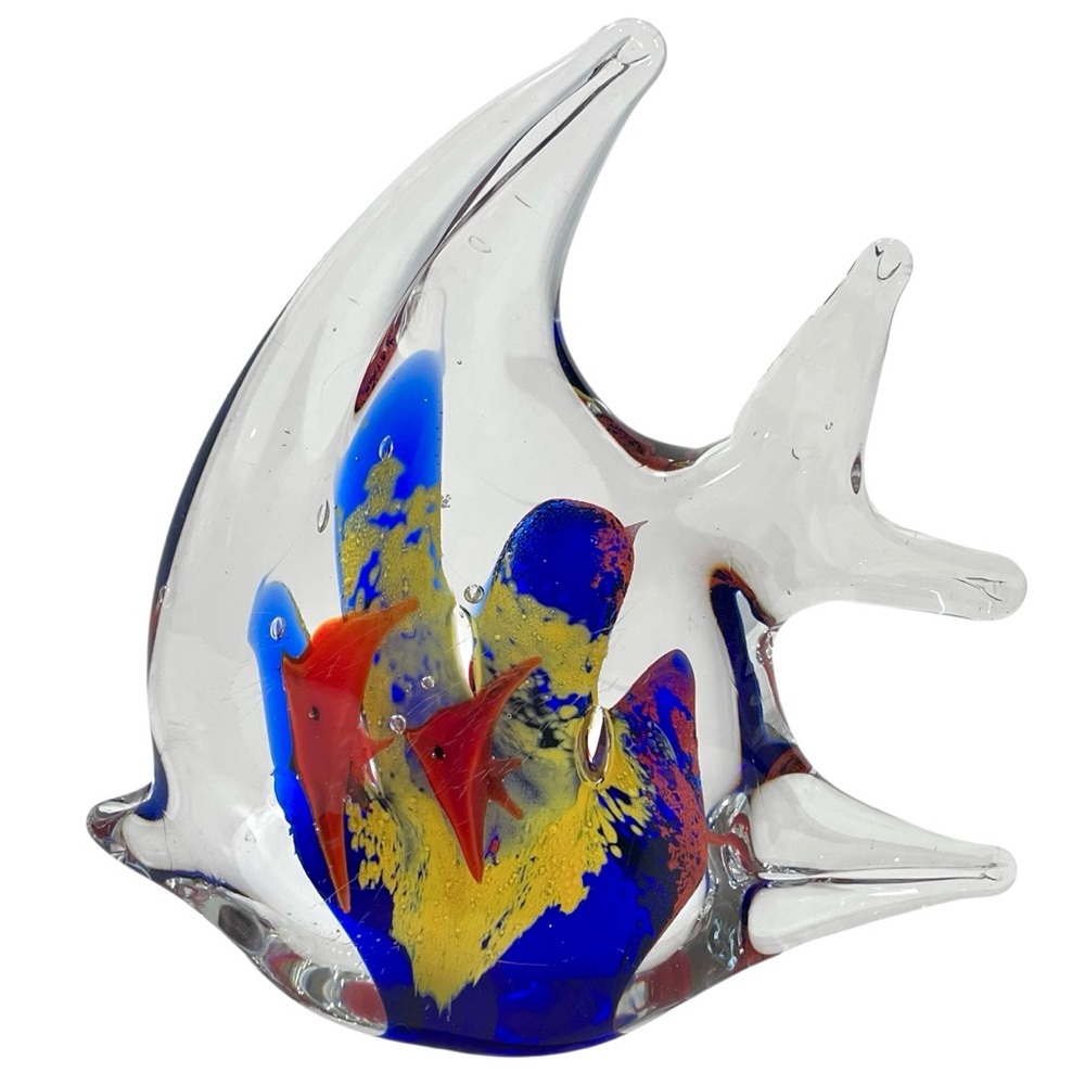 Vintage 1990s Hand Blown Art Glass Tropical Angel Fish Figurine Paperweight